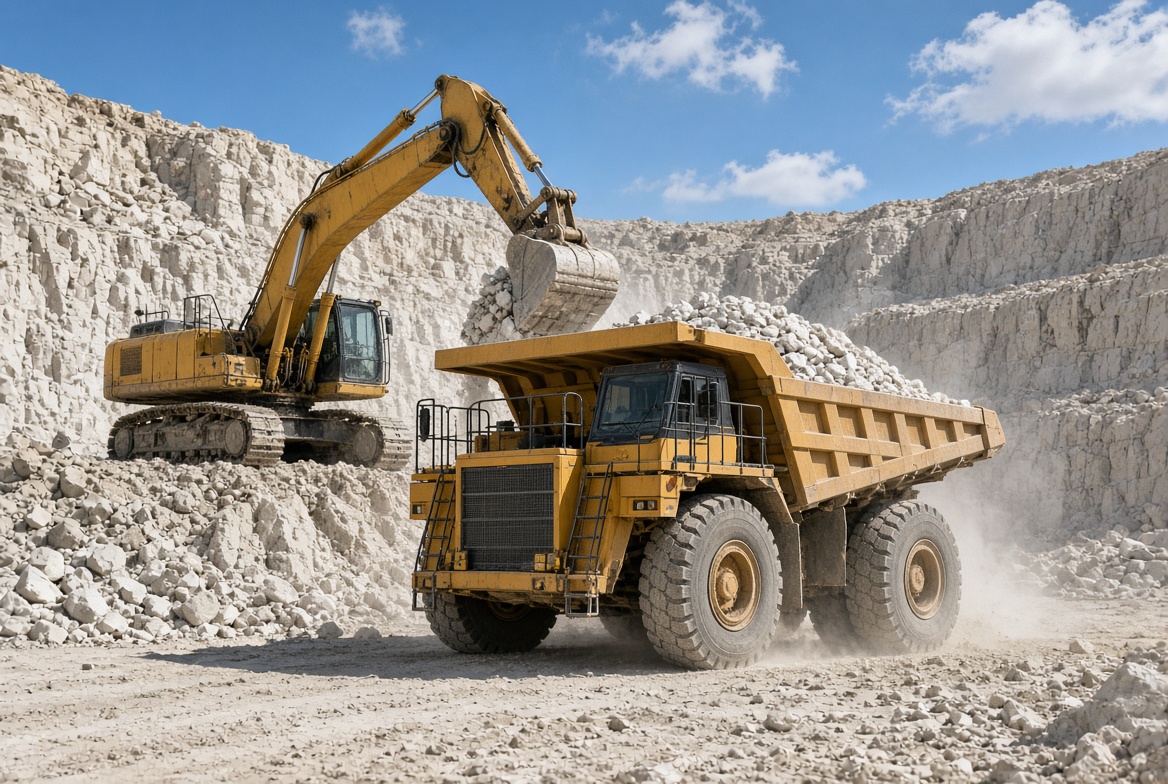 Limestone quarry truck and excavator