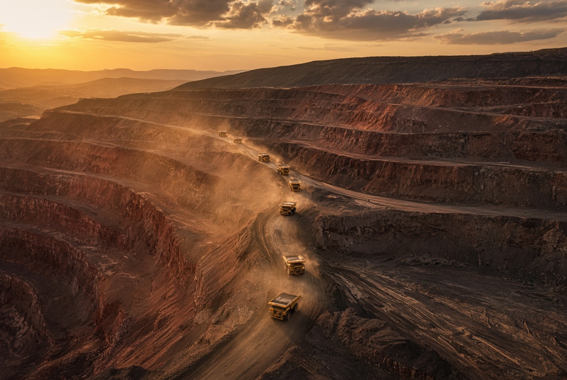 Haul trucks in an iron-rich open pit